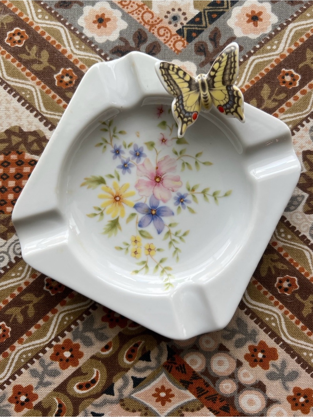 Vintage Treasure Masters Japan Butterfly Ashtray Floral Porcelain Trinket Dish